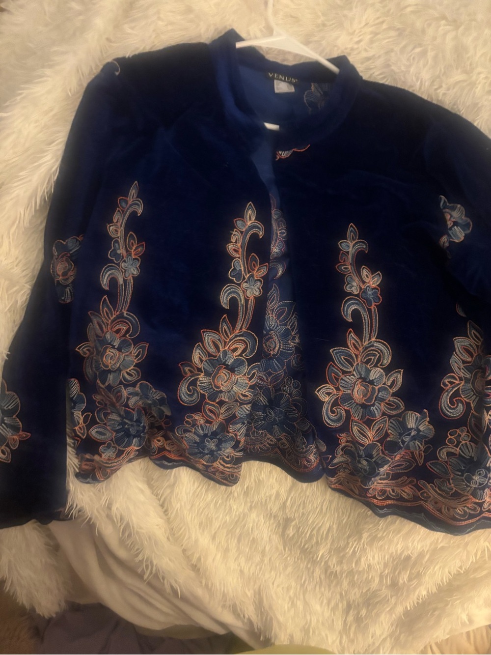 VENUS Navy Blue Velvet Embroidered Floral Jacket